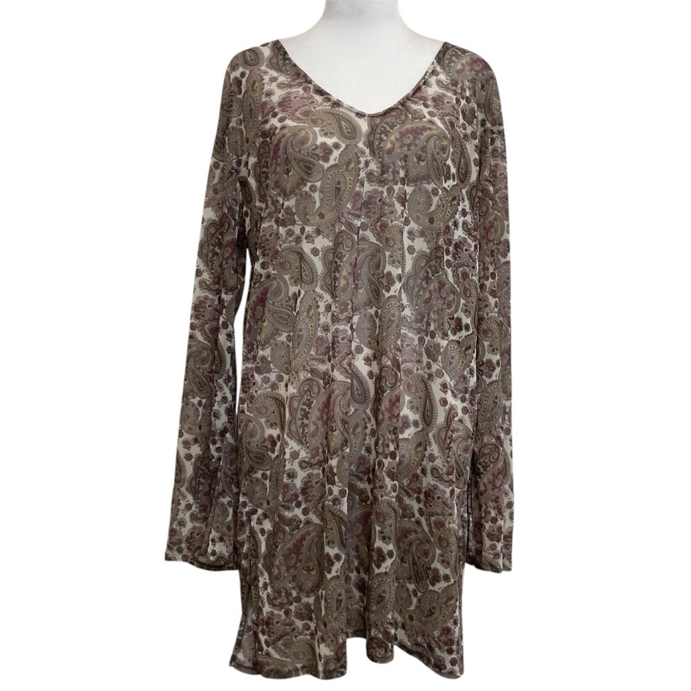 Alexis Athena Brown & Burgundy Paisley Printed Mesh Flare Sleeve Blouse